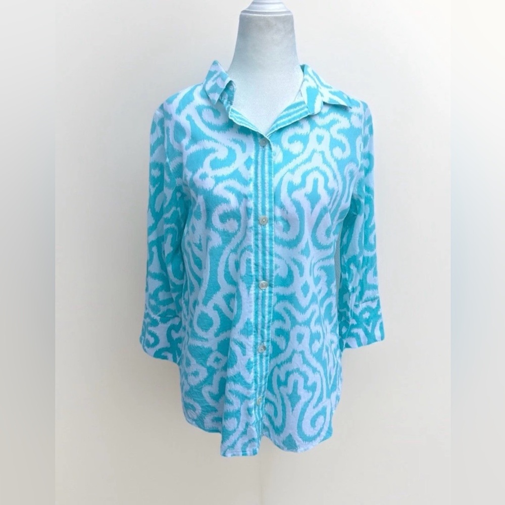 Gretchen Scott Top Women S Blue Button Up Everywhere Arabesque 100% Cotton Shirt